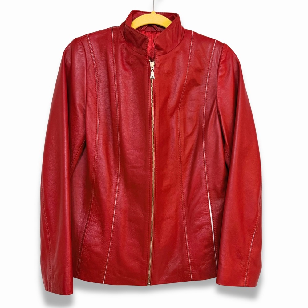 Vintage 80s Red Leather Jacket White Trim Thriller Era Fitted Zip Women's Large